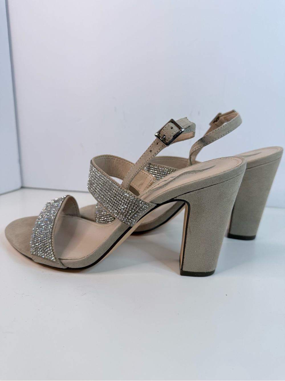 Nina Rhinestone Crystal Block Heel Sandals Size 9M Silver Taupe 4” Heel
